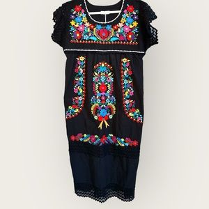 Yzxdorwj NWT sz XL black with‎ vibrant color floral embroidery midi flowy dress